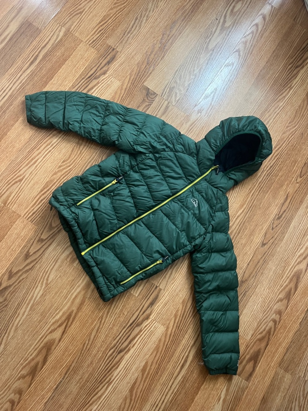 L.L. Bean Kids Hooded Puffer Jacket - Deep Green with Yellow Accents